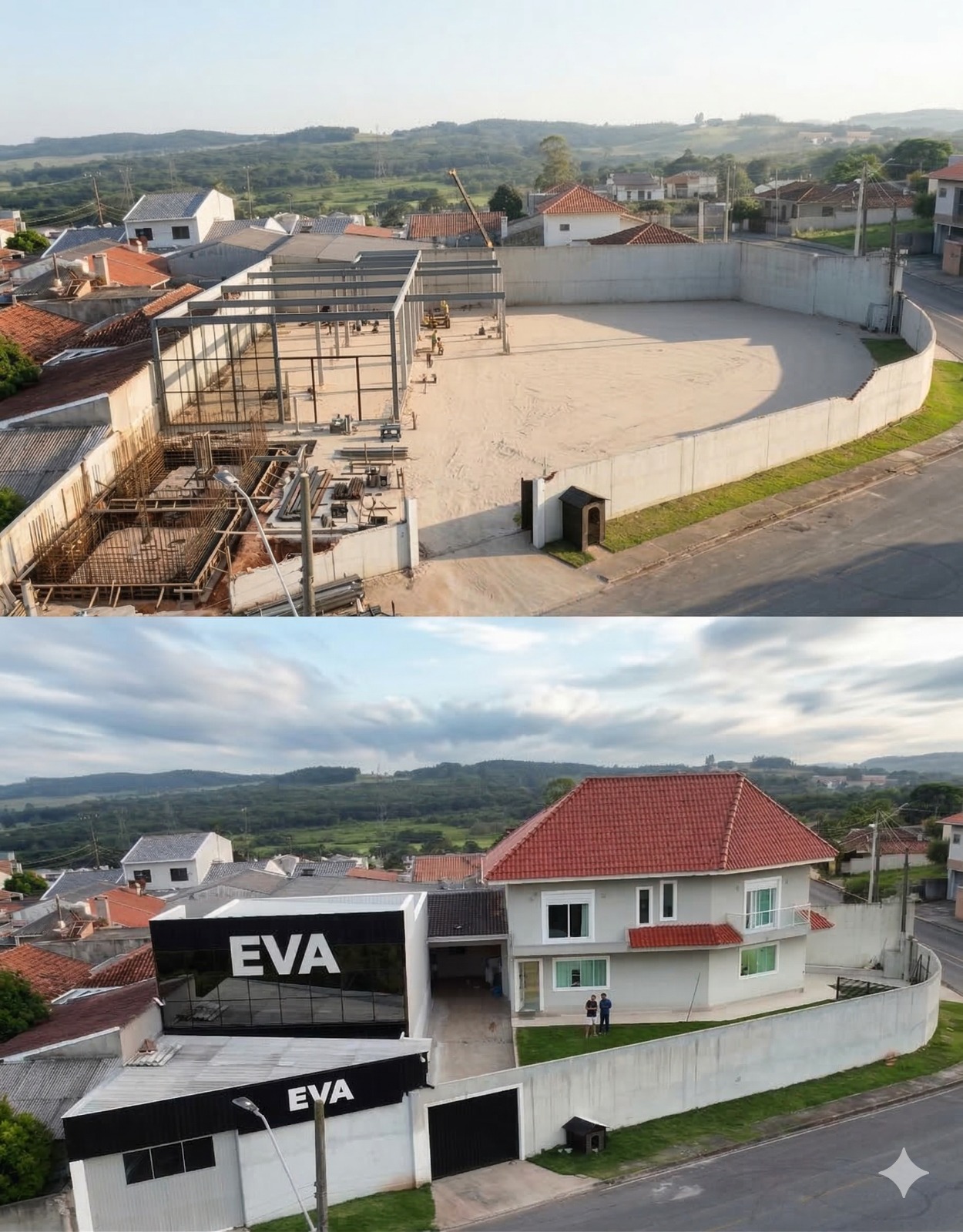 Comparativo da obra da sede EVA antes e depois da finalizacao